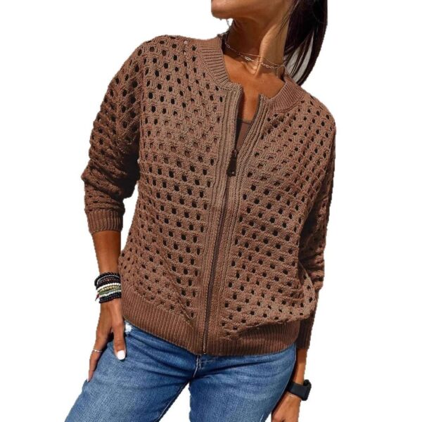 Fashion Hollow Knitted Jacket Zip-up Long-sleeved Tops Women's Clothing