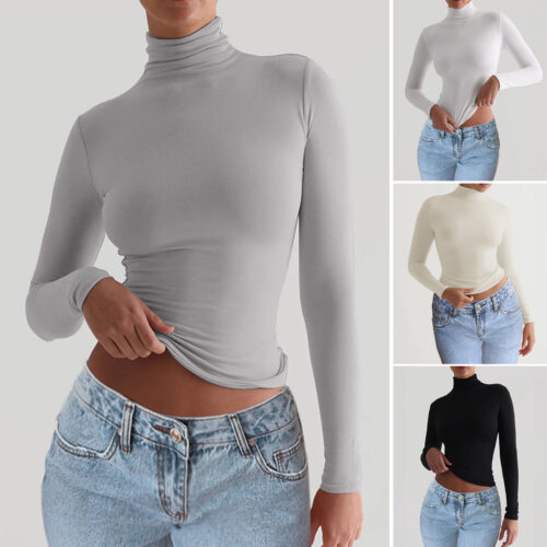 Y2K Slim Turtleneck T-shirt Fashion Casual Long-sleeved Pullover Tight Top Women's Clothing
