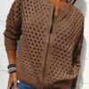 Fashion Hollow Knitted Jacket Zip-up Long-sleeved Tops Women's Clothing
