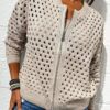 Fashion Hollow Knitted Jacket Zip-up Long-sleeved Tops Women's Clothing