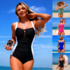 White-striped One-piece Swimsuits Summer Beach Bodysuit Swimwear Women's Clothing